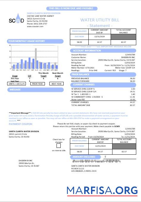 Printable USA California Santa Clarita Water Division (SCWD) business utility bill template in Word and PDF formats